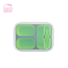 Food Grade Leakproof Divided Soft Kitchen Silicone Lunch Box Food Storage Lunch Box with 3 Inserts and Fork